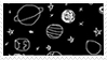 Stamp of white planets and stars on black background
