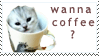 Stamp of cat in coffee cup saying Wanna coffee?